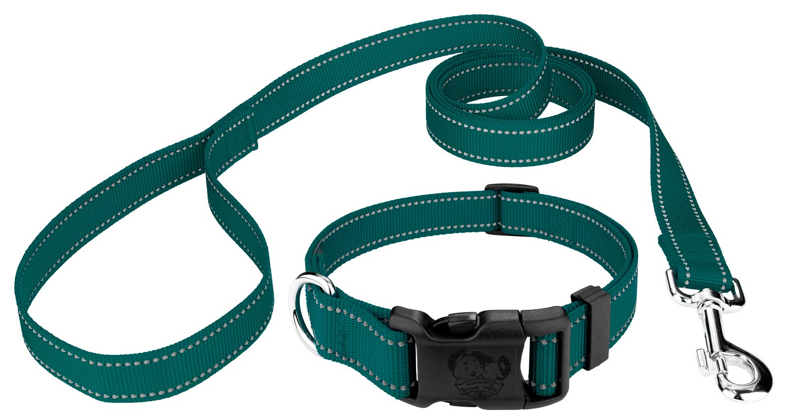 Country Brook Petz - Deluxe Teal Reflective Nylon Dog Collar & Leash - Medium