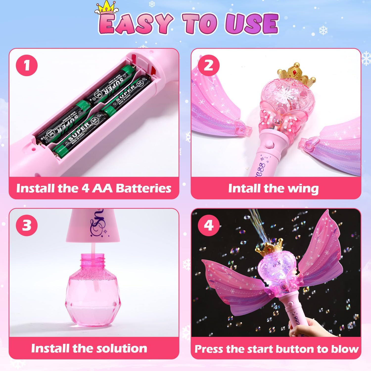 EagleStone Princess Bubble Wand for Kids Girls with LED Lights & Music, Fairy Bubble Machine Toy with 4 Bubble Solutions, Outdoor Bubble Toys for Toddlers Aged 3 4 5 6 7 8, Birthday Gift for Girls