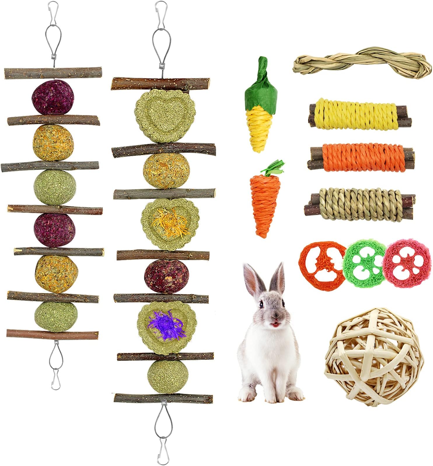 Hioph 12 Pcs Bunny Chew Toys, Rabbit Treats Bunny Chew for Teeth, Guinea Pig Dental Health Natural Wood Grass Ball String Pet Cage Entertainment Accessories Chinchilla, Hamster Degus, Squirrels