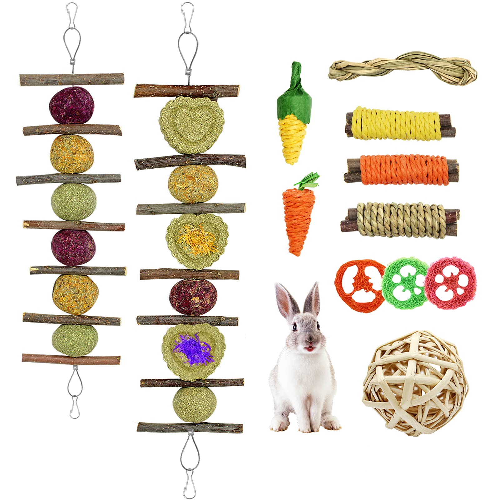 Hioph 12 Pcs Bunny Chew Toys, Rabbit Treats Bunny Chew for Teeth, Guinea Pig Dental Health Natural Wood Grass Ball String Pet Cage Entertainment Accessories Chinchilla, Hamster Degus, Squirrels