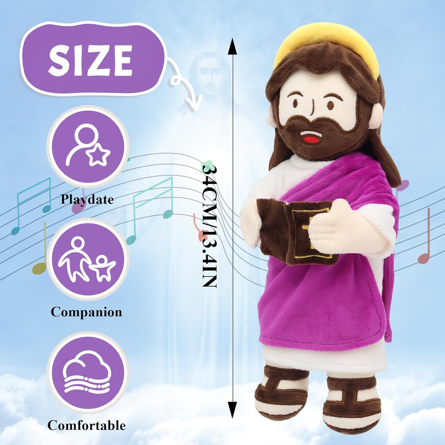 Jesus Plush Talking Doll with Halo,Speak 20 Bible Verses & 20 Songs,13.4" Interactive Hymn Stuffed Plushie Perfect Religious Gift for Kids Sunday School & Easter Celebrations(Purple)
