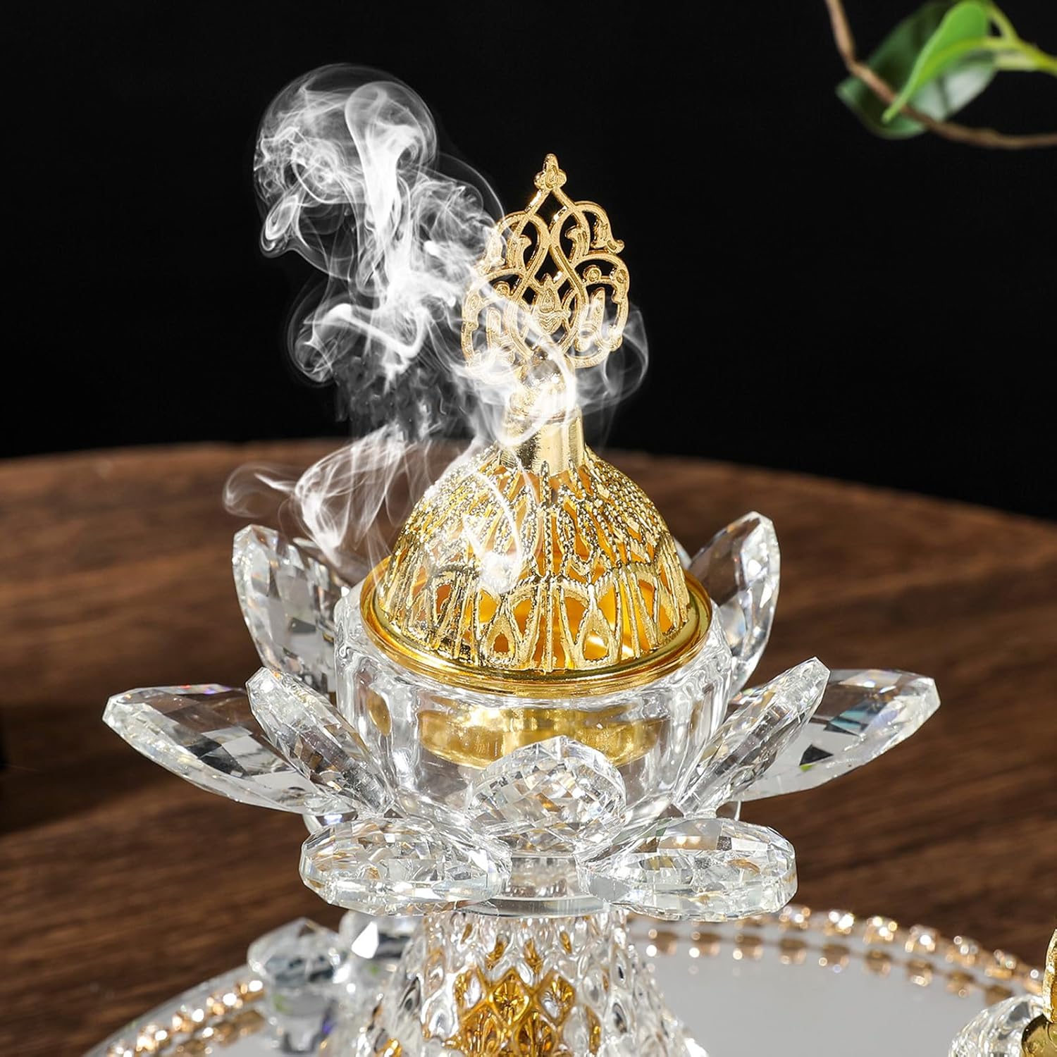 Elegant Glass Incenses Burners Set with Mirrored Tray Arabic Styles for Ramadans Meditations