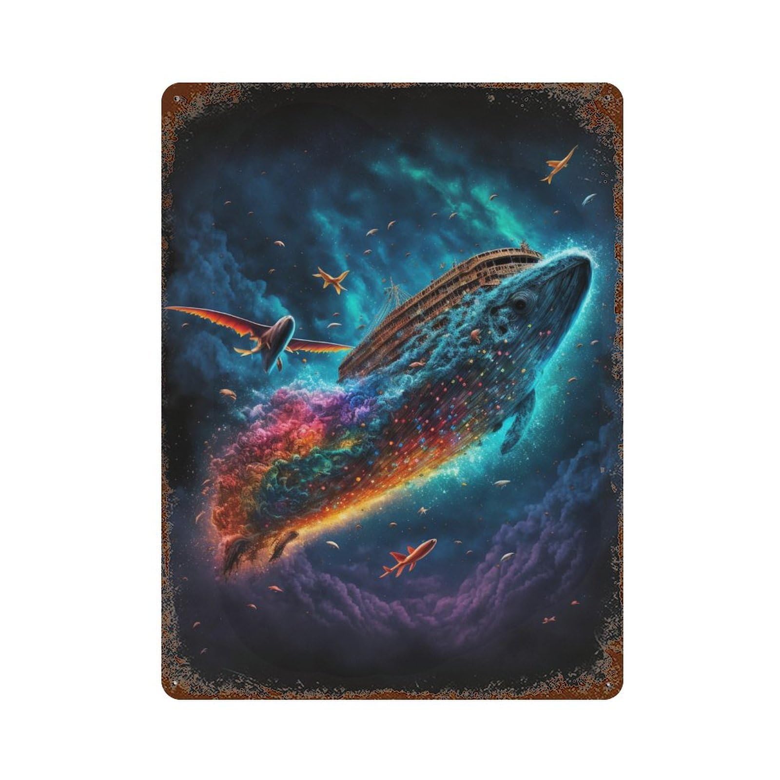 Garage Style Fantasy Ship in Rainbow Sky Distressed Metal Wall Sign 15.7"x11.8", Retro Wall Decor for Bar And Workshop
