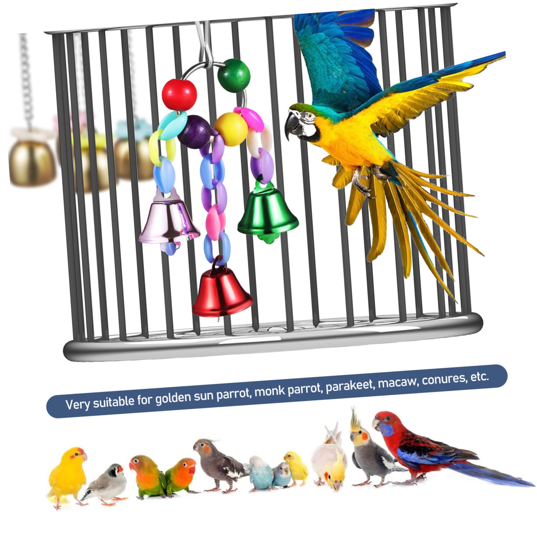 BESPORTBLE 2Pcs Colorful Parrot Hanging Bell Durable Climbing Chewing Bells for Parakeet Cockatiel Conure Easy Install Engaging Bird Cage Accessory
