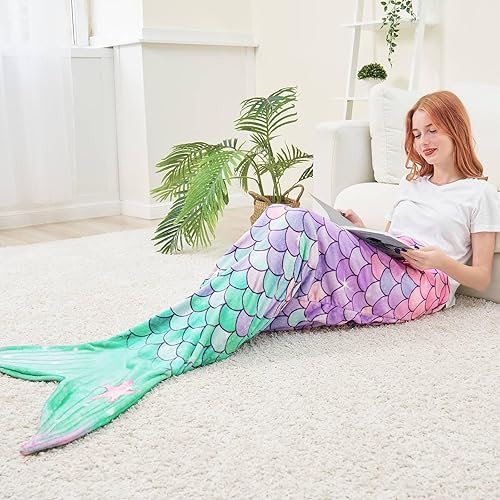 Vista 7 de WERNNSAI Manta de cola de sirena, Rosa y verde