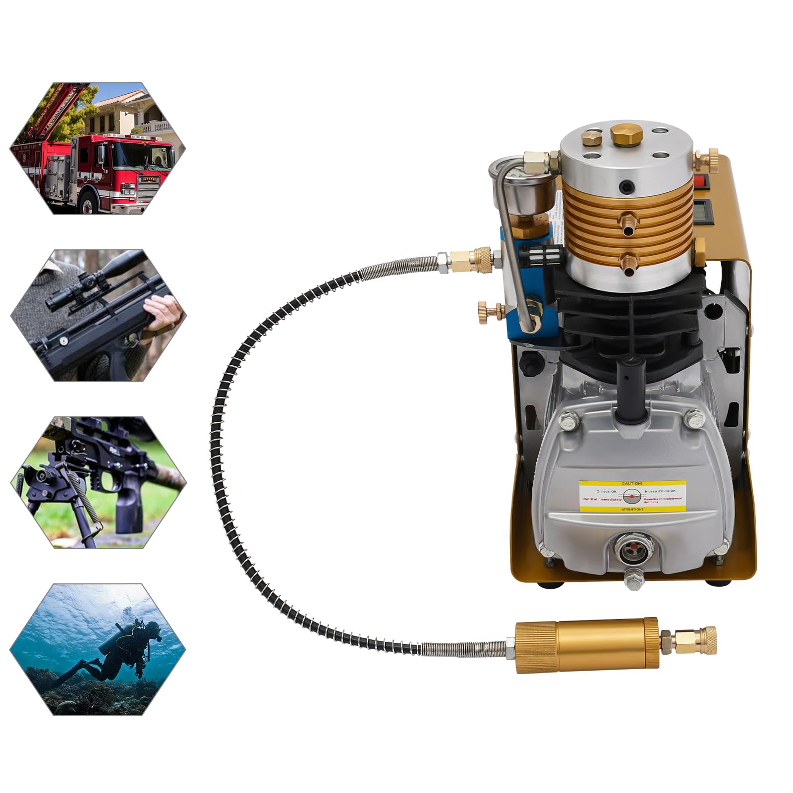 Pompa compressore d'aria ad alta pressione 1800 W 300 Bar PCP Compressore con raffreddamento ad acqua + raffreddamento ad aria, 100 L/min per fucile ad aria compressa paintball automobilistico, oro