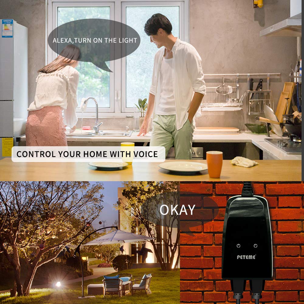 Person using voice command 'Alexa, turn on the light' to control an outdoor smart plug