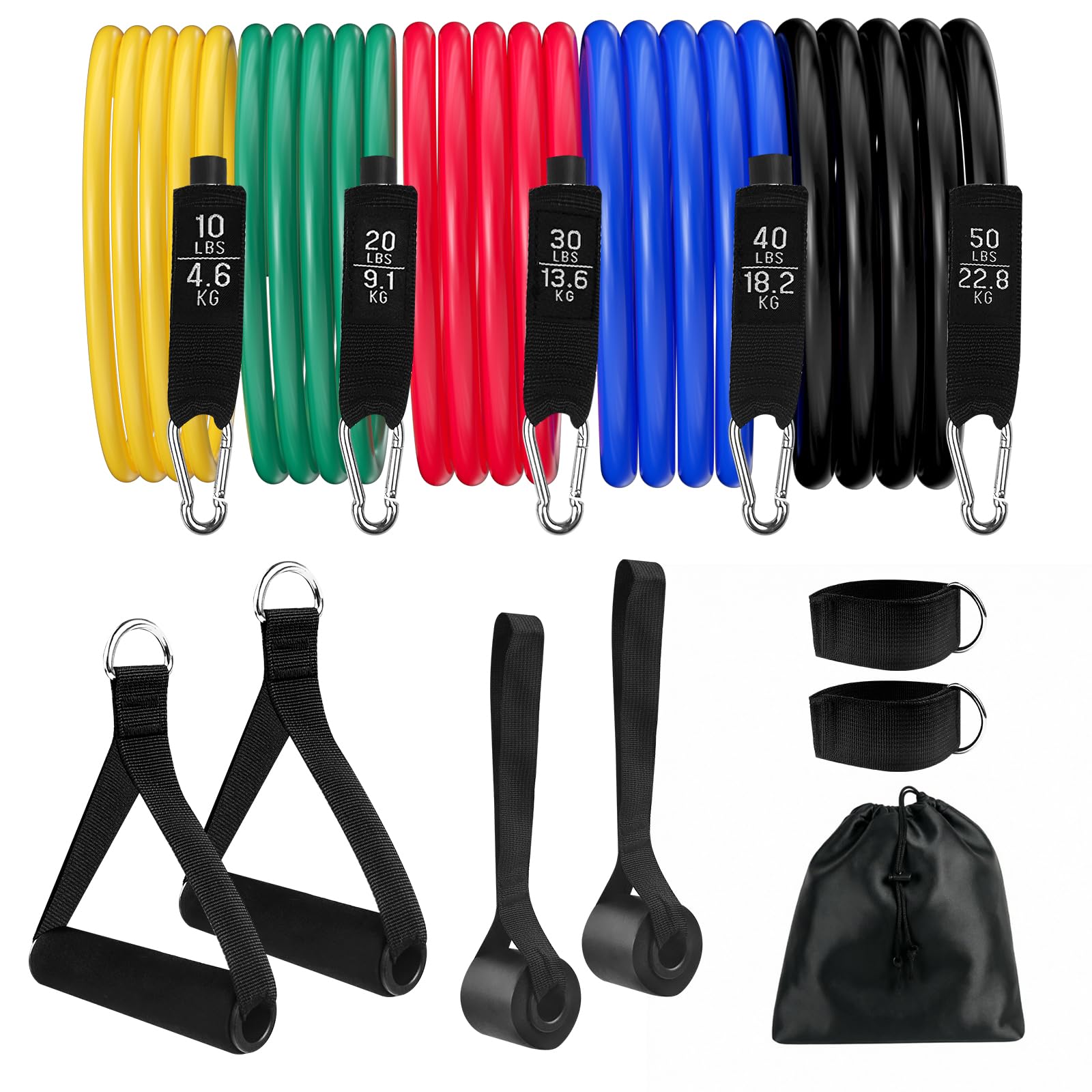 Elastici Fitness, Bande Elastiche 5 Livelli di Resistenza, Elastici Palestra, Elastici per Allenamento con Maniglie, Ancoraggio, Cinturino Alla Caviglia, Resistance Bands per Yoga, Pilates