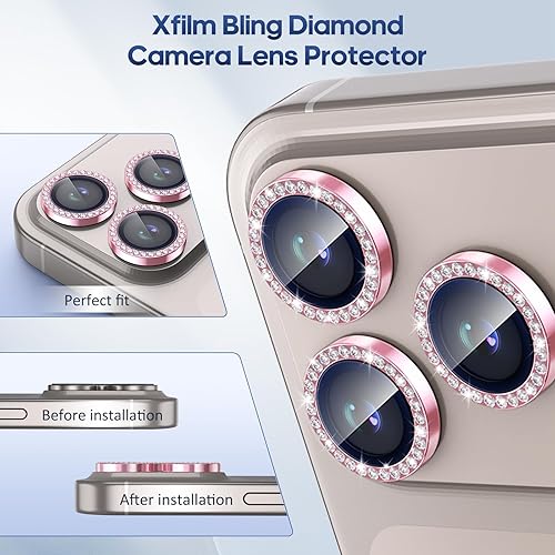 Miniatura 121 de Xfilm Protector de lente de cámara Bling para iPhone 14 Pro/14 Pro Max, dureza 9H a prueba de rayones, protector de anillo individual de metal