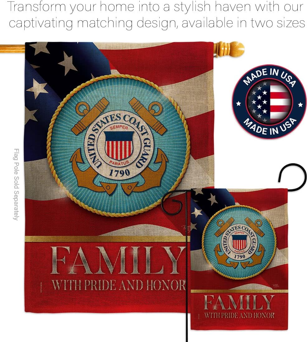 US Coast Guard Family Honor Burlap Garden Flag - Armed Forces USCG Semper Paratus United State American Military Veteran Retire Official - House Banner Small Yard Gift Double-Sided 13 X 18.5