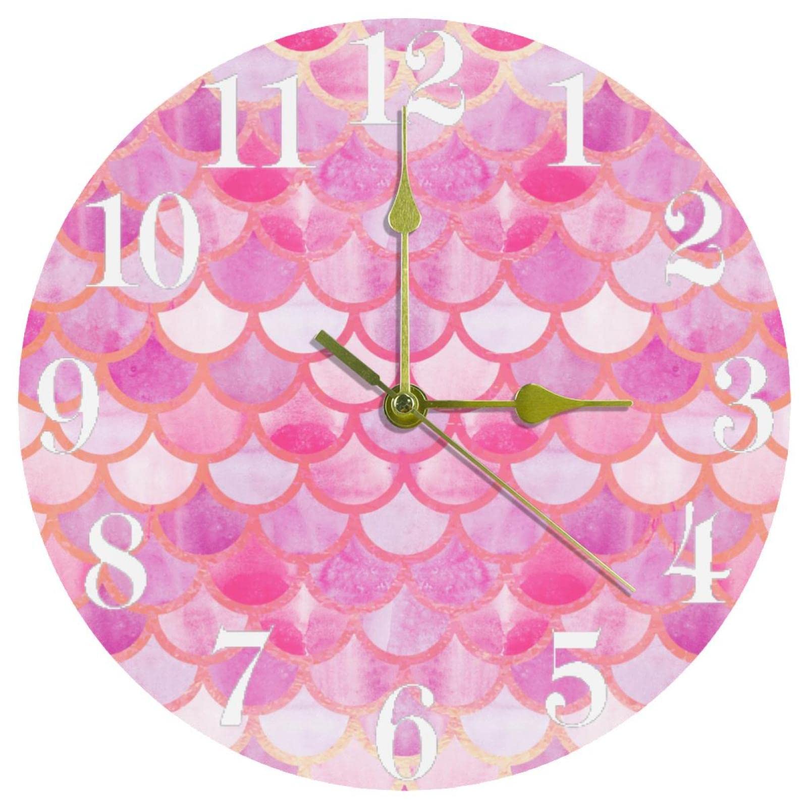 Horloge murale ronde à quartz silencieuse rose à motif sirène