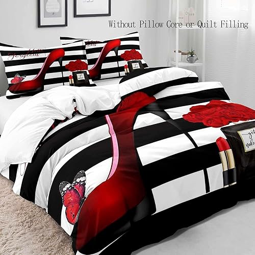 Miniatura 10 de LUVIVIHOME Juego de funda de edredón blanca de 3 piezas, tamaño Queen, tacones altos negros, lápiz labial, maquillaje, labios rojos, blanco, colcha,