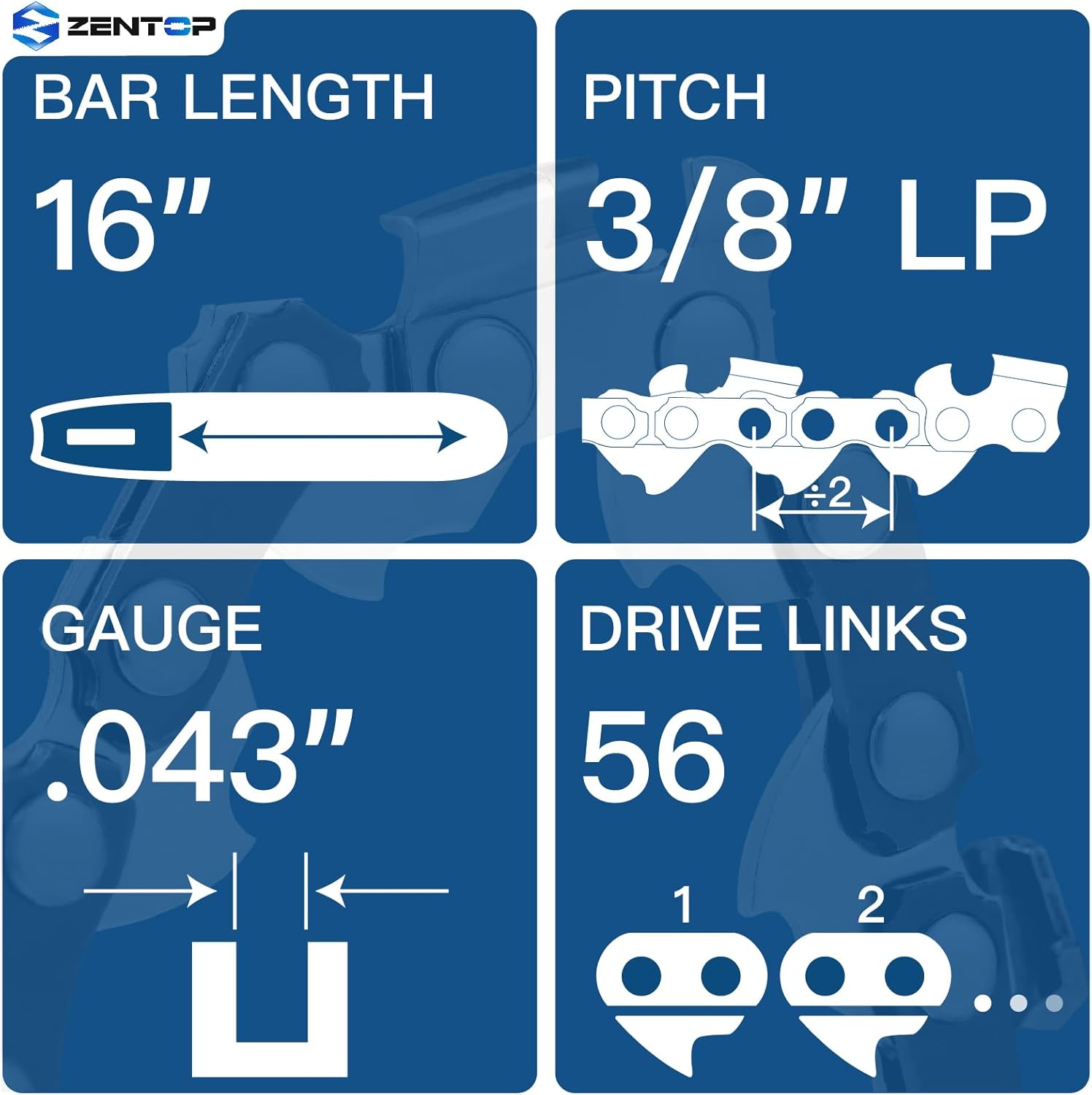 16 Inch Chainsaw Chain, 3/8" LP Pitch .043" Gauge 56 Drive Links, Germany Steel Anti-Kickback Replacement for Milwaukee M18 2727-20, EGO CS1600, Dewalt DCCS670, 3-Pack