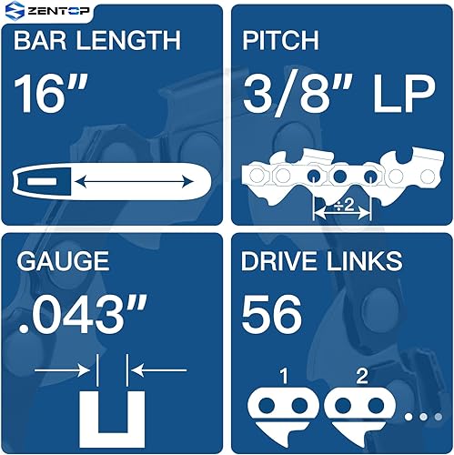 Miniatura 8 de Cadena de motosierra de 16 pulgadas, paquete de 3, paso LP de .38 pulgadas, calibre .050 pulgadas, 56 eslabones de transmisión, A1-56DL, se adapta a