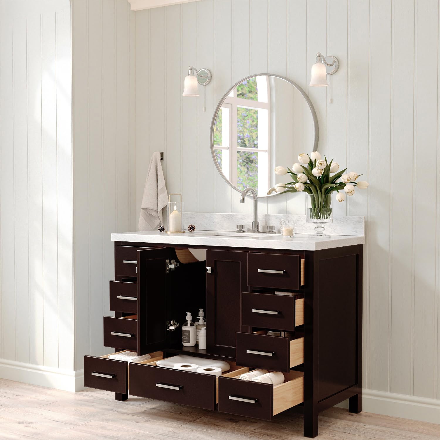 ARIEL Cambridge 48-inch Bathroom Vanity with Sink,Solid Wood, 1.5-inch Italian Carrara Marble Countertop, Single Rectangular Porcelain Sink, 2 Soft Closing Doors, 9 Dovetail Drawers, Espresso