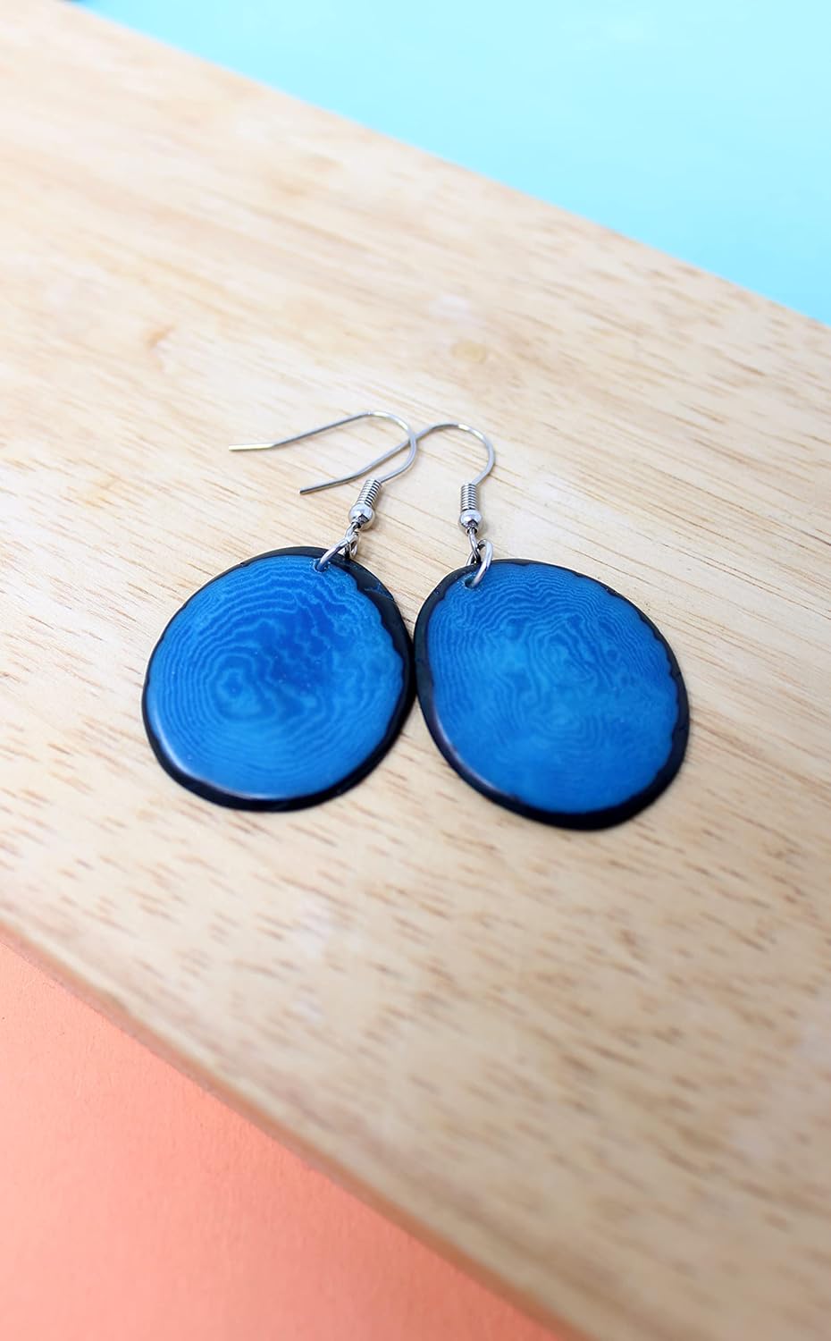 Tagua Nut Earrings Blue Chips Handmade Fair Trade, LIghtweight, by Florama Natural Jewelry - Image 3