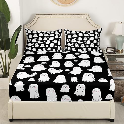 Vista 87 de Juego de sábanas bajeras con bonito diseño de gato negro para niños y niñas, diseño de dibujos animados de Halloween, gato, animales, sábanas