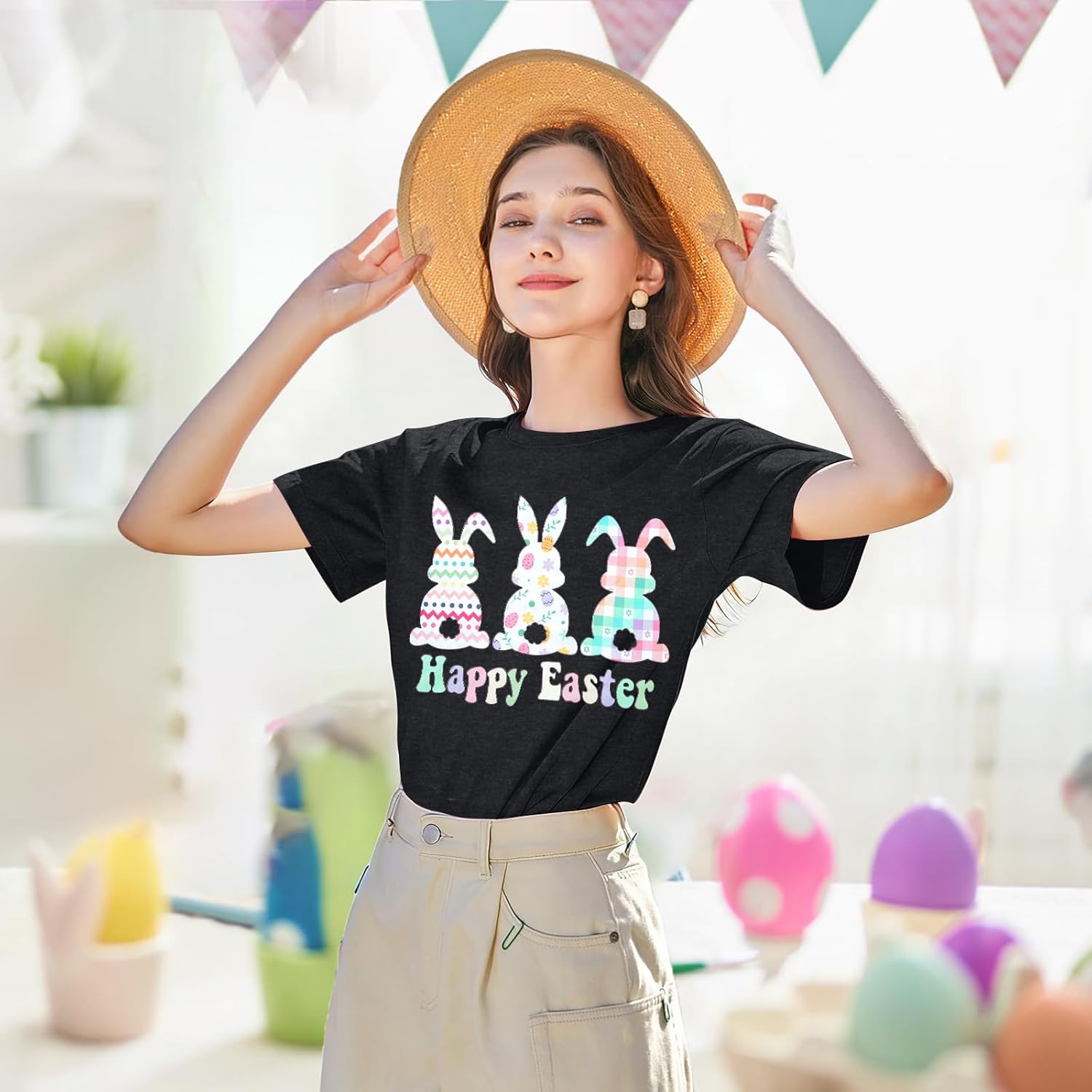 KIDDAD Easter Shirts for Women: Happy Easter Shirts Bunny Shirt Cute Rabbit Graphic Tshirt Casual Short Sleeve Tee Tops - Image 2