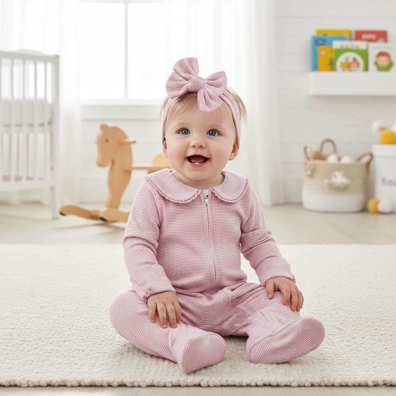 Newborn Baby Girl Clothes Doll Collar Striped Long Sleeve Zipper Footies Infant Jumpsuit Coming Home Outfit Headband