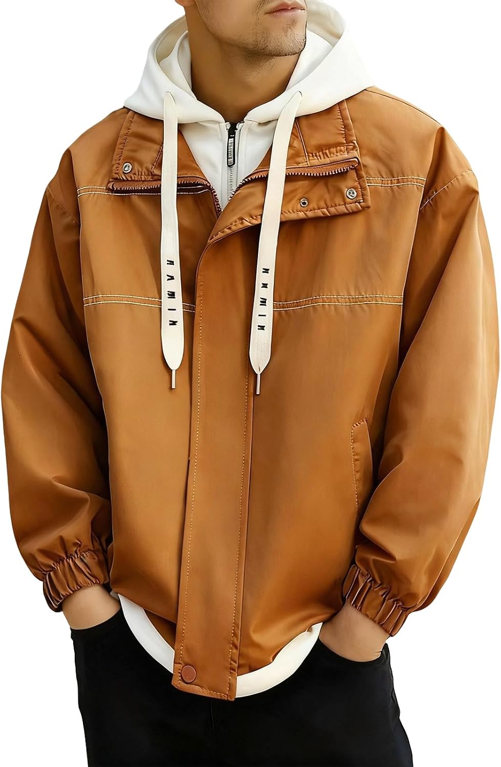 Men's Patchwork Fake Two Pieces Windbreaker Jacket Fashion Outdoor Athletic Hikking Cycing Hooded Jackets, M-3XL