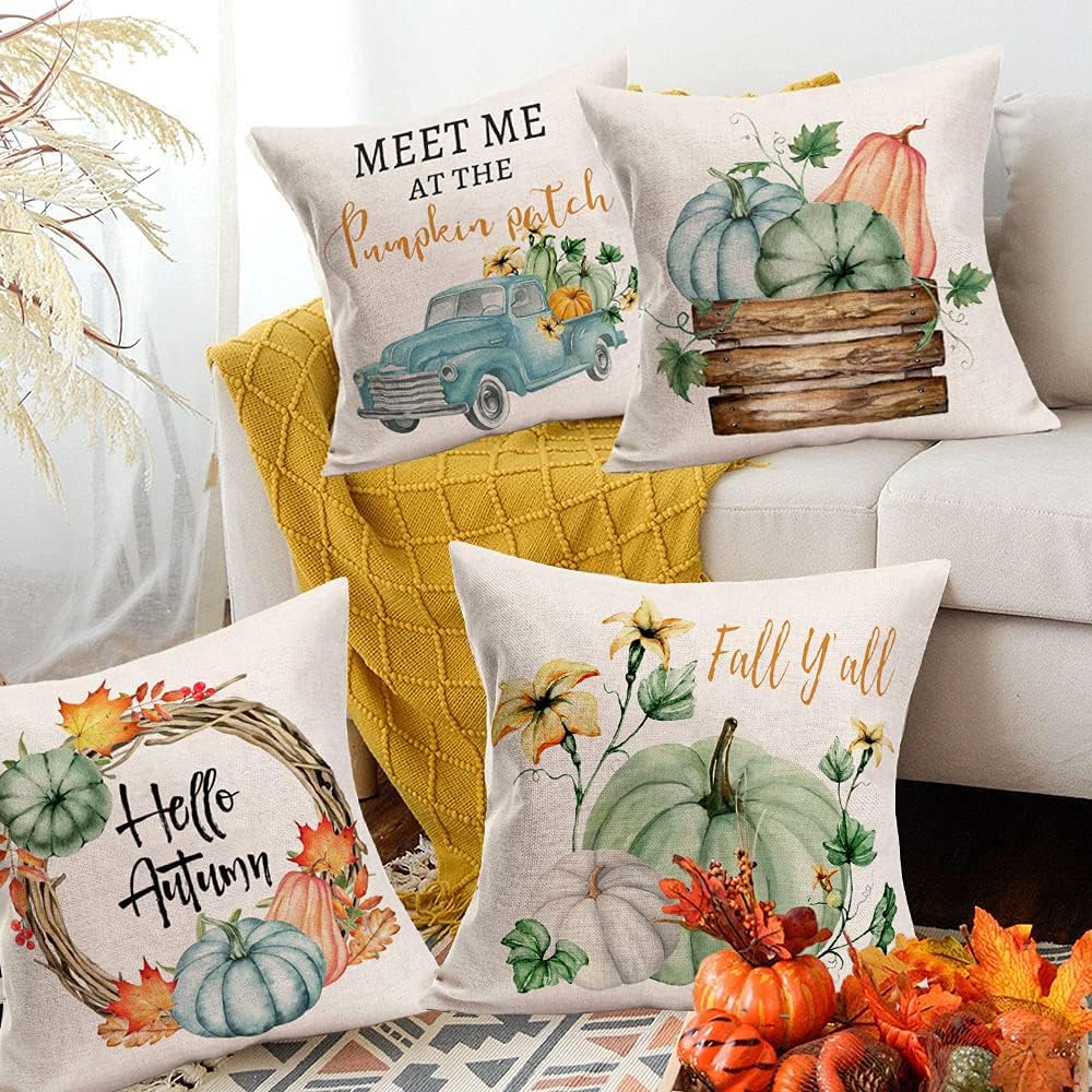 Fukeen Pumpkin Home Fall Decor Throw Pillow Covers 22x22 Inch Set of 4 Autumn Harvest Maple Leaf Flower with Blue Truck Rustic Farmhouse Decorations Pillow Cases Thanksgiving Cotton Linen