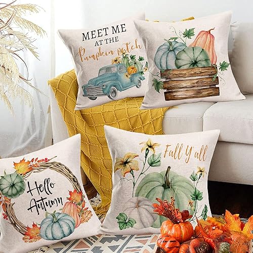 Miniatura 4 de Juego de 4 fundas de almohada de calabaza para decoración de otoño para el hogar, 22 x 22 pulgadas, juego de 4 flores de hoja de arce con camión