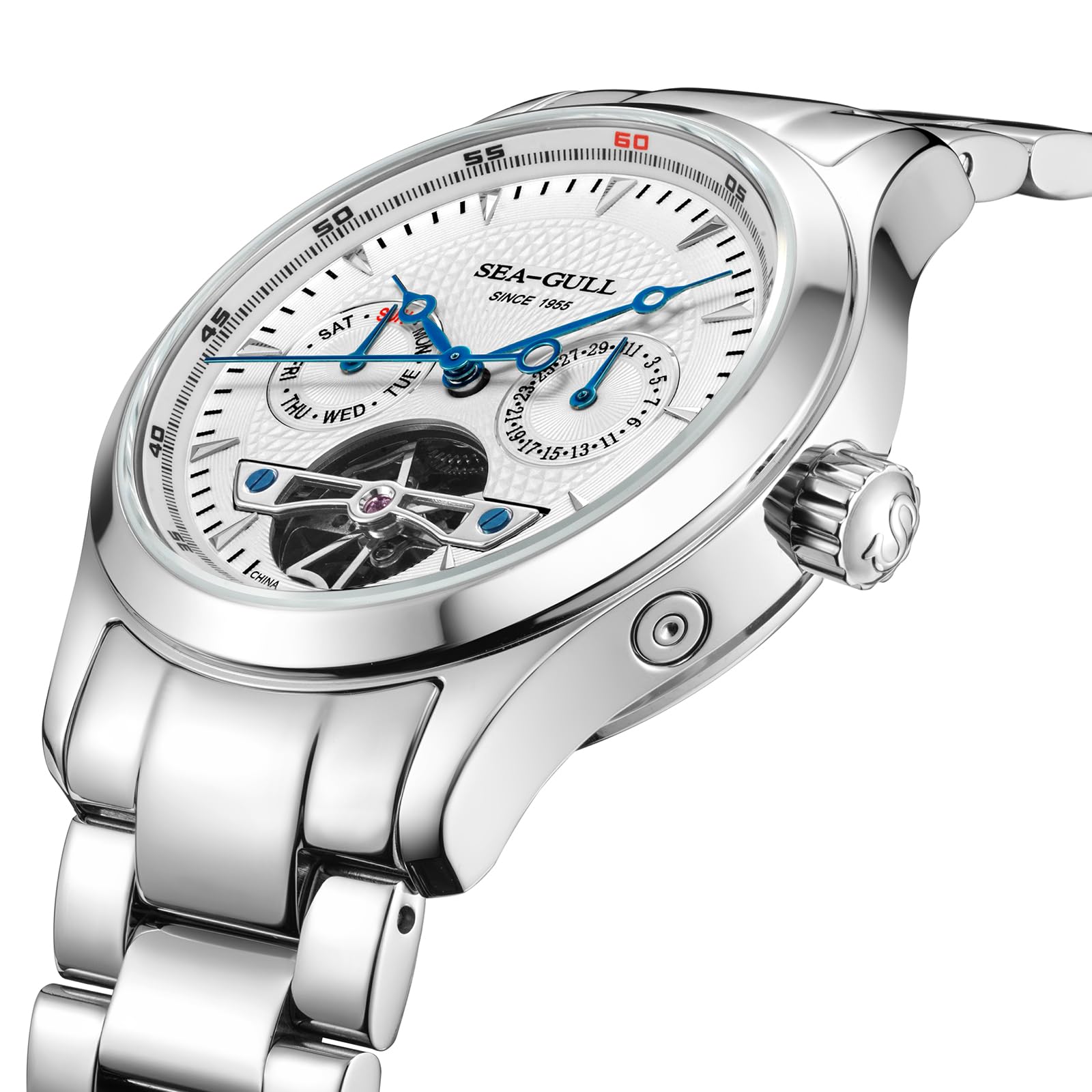 SEA-GULL Orologio da polso meccanico automatico da uomo, in acciaio inox, con volano cavo, data, datario, cristallo zaffiro sintetico, quadrante da 39 mm, orologi da lavoro