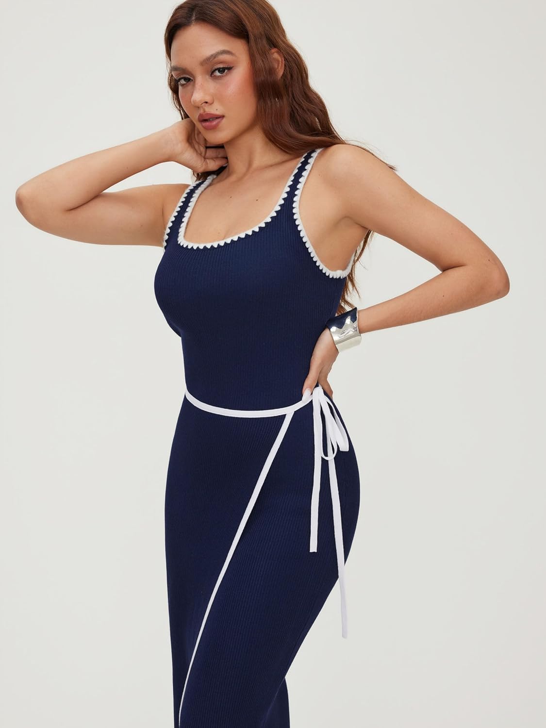 CIDER Women's Midi Bodycon Dress Square Neck Ribbed Knit Sleeveless Tie Waist Casual Summer Tank Dress - Image 4