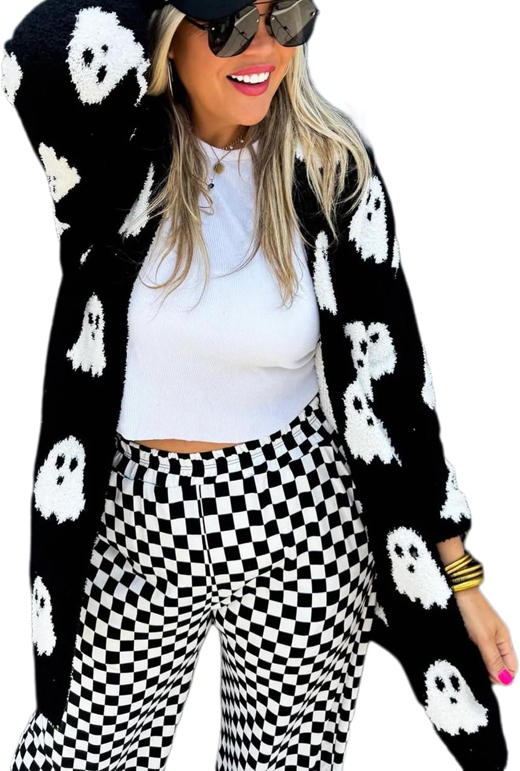 Women's Halloween Ghost Pattern Cardigan Long Sleeve Open Front Fuzzy Fluffy Outwear Coats