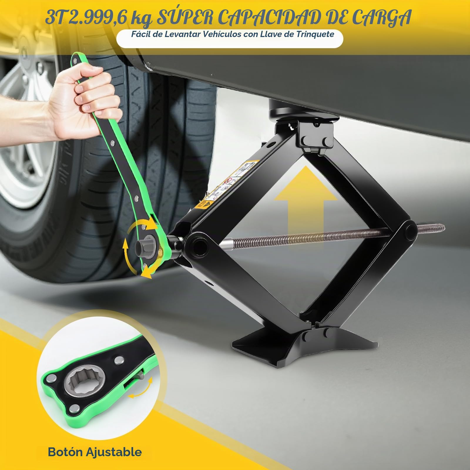 KAOLALI Gato de Tijera 3T/3000kg, Kit de Gato Coche Portátil con Bloque De Goma Llave de Tuercas de Rueda, Kit de Emergencia Universal para Automóvil SUV MPV Tesla Model 3/Y/S/X