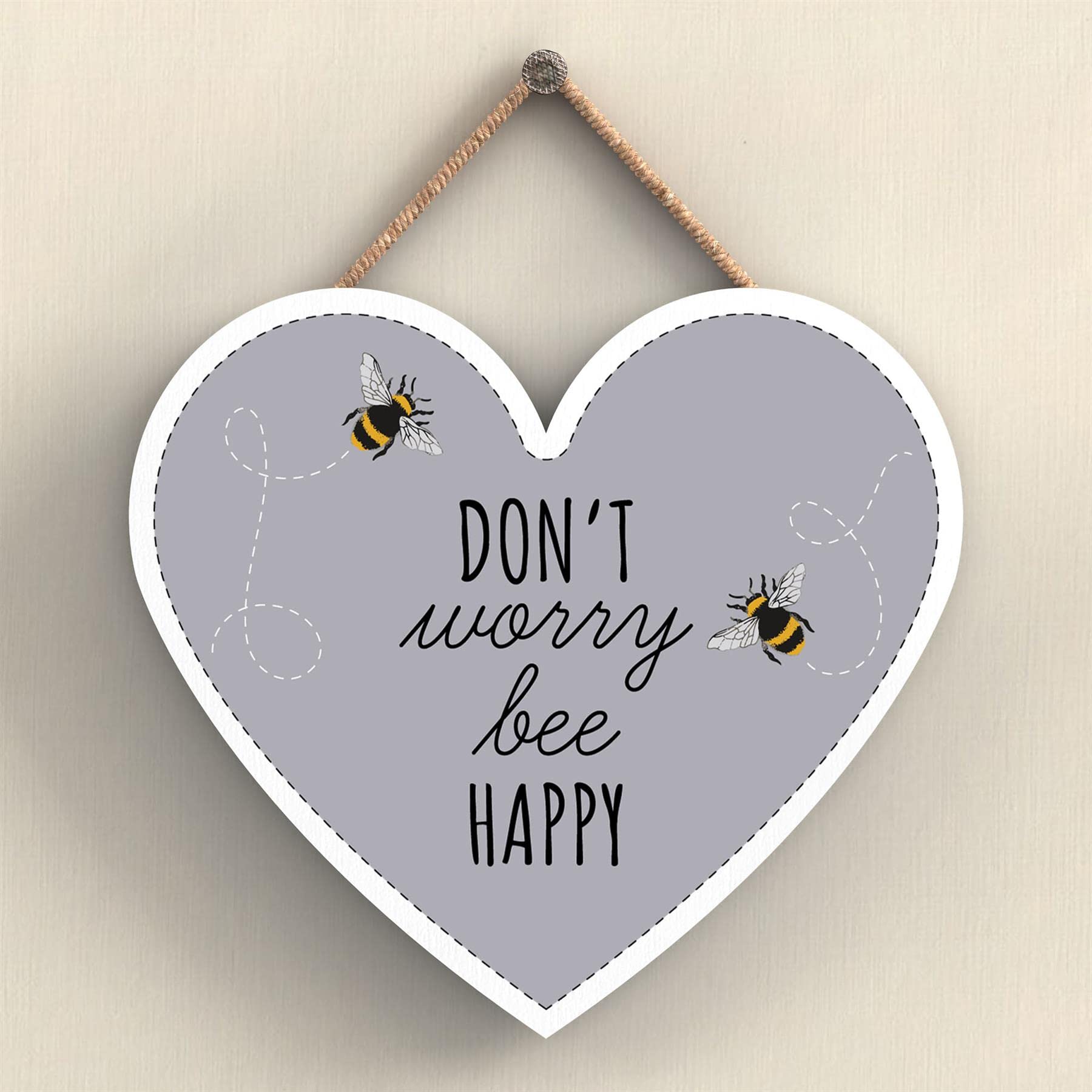 Global Designs Don'T Worry Bee Happy Grey Bee Themed Decorative Wooden Heart Shaped Hanging Plaque