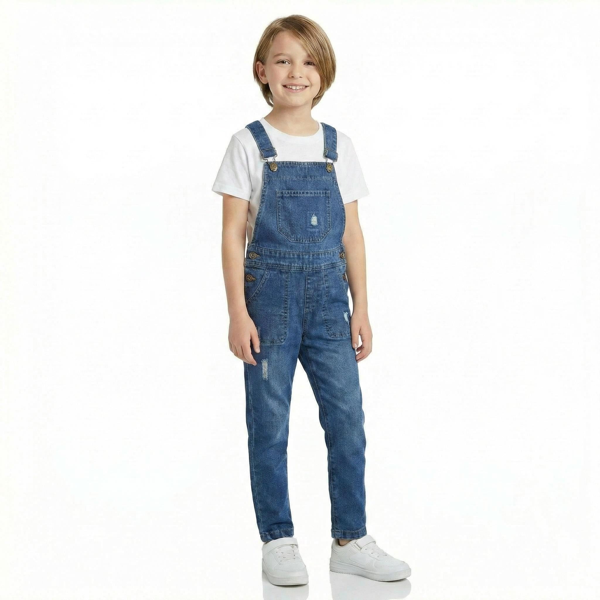 KIDSCOOL SPACE Salopette En Jean Pour Petits Garçons, Trous Déchirés, Bande Élastique Intérieure, Jean De Travail, Bleu