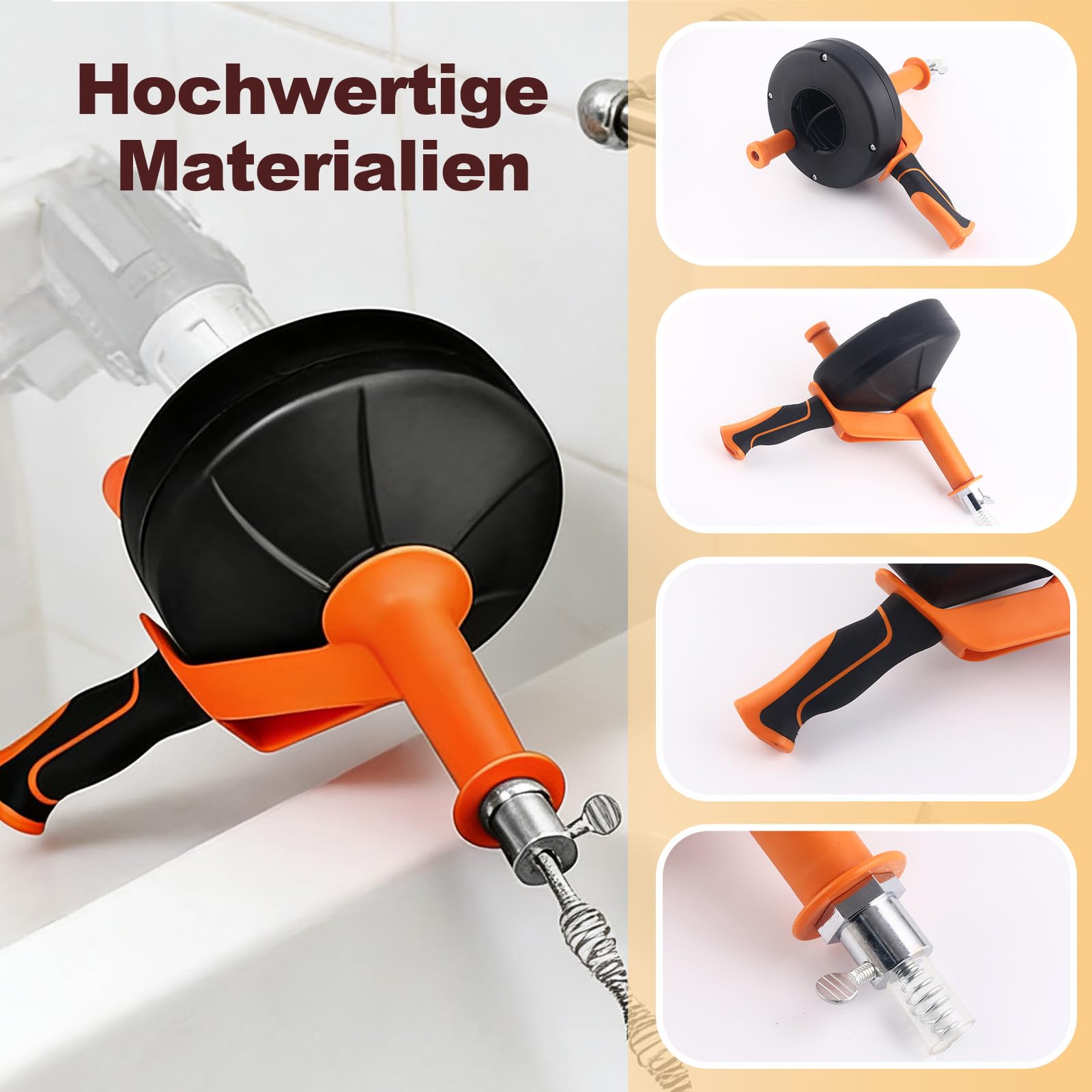 13 m Rohrreinigungsspirale, Abflussreiniger Spirale mit Handkurbel, Rohrspirale aus Manganstahl für Bohrmaschine, mit Greifkralle, Reinigungshaken, Tragetasche, Schutzhandschuhen, Schutzbrille