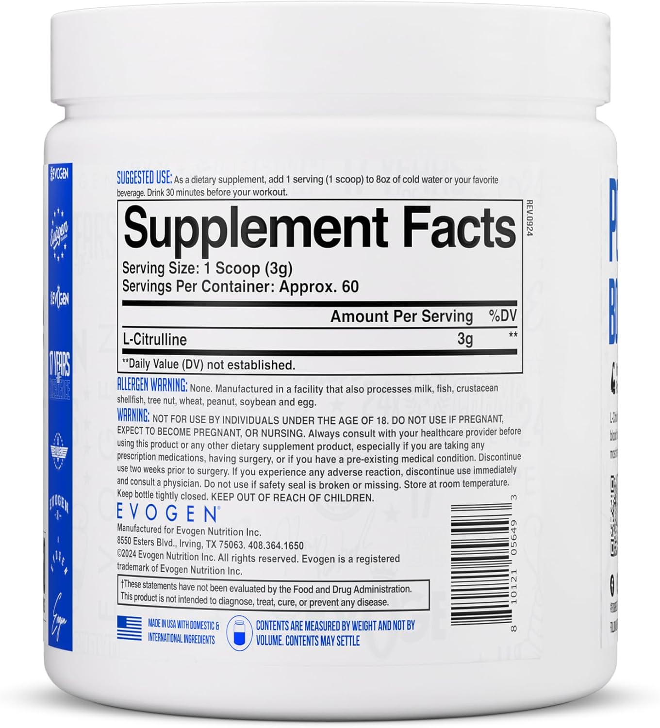 Evogen L-Citrulline Powder - Nitric Oxide Booster | Nitric Oxide Production, Promotes Blood Flow & Endurance | 60 Servings