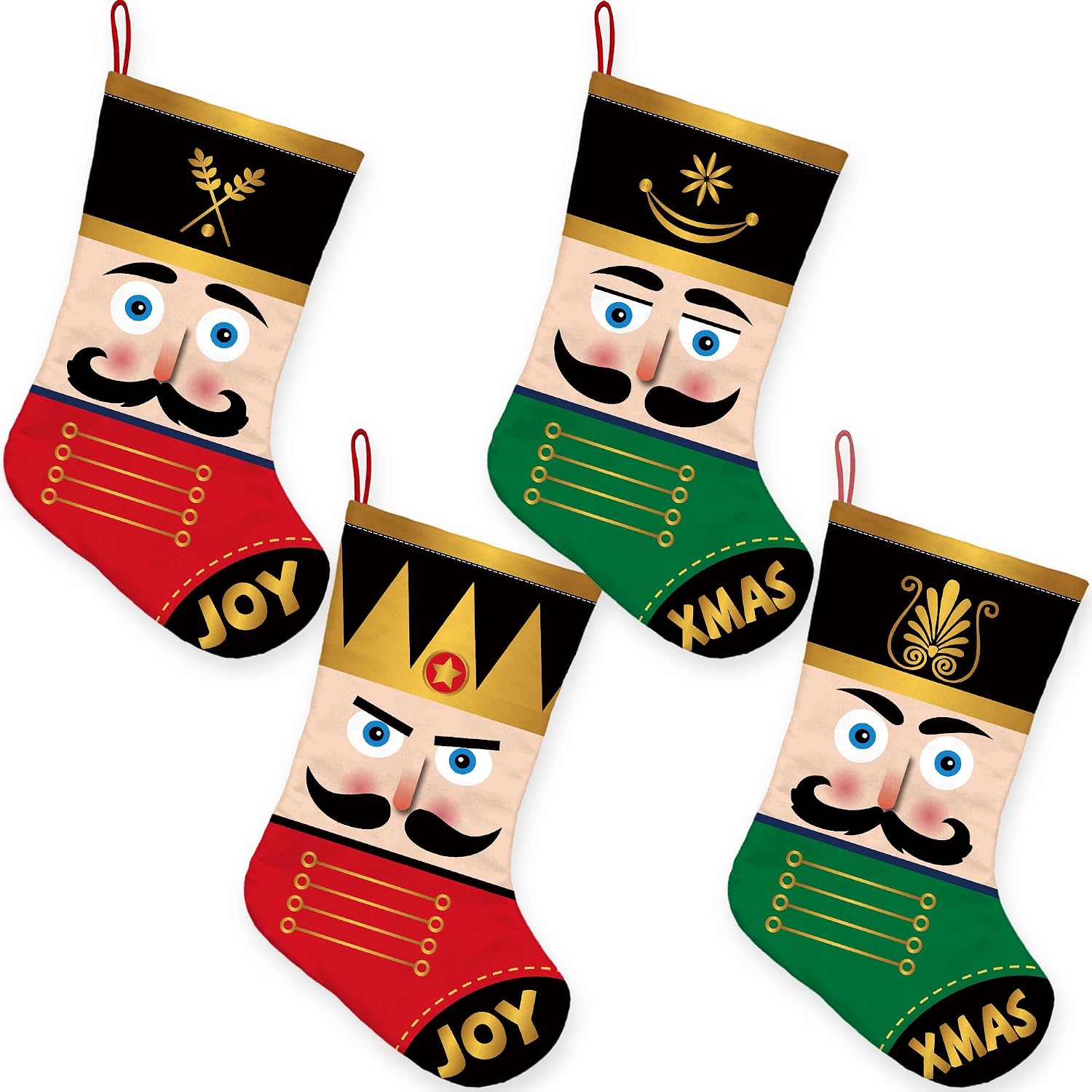 4 Pack Nutcracker Christmas Stockings red and Green Large Xmas Stocking kit Winter Seasonal Bag Tree Fireplace Decor Merry Christmas Stockings for Home Party Decorations