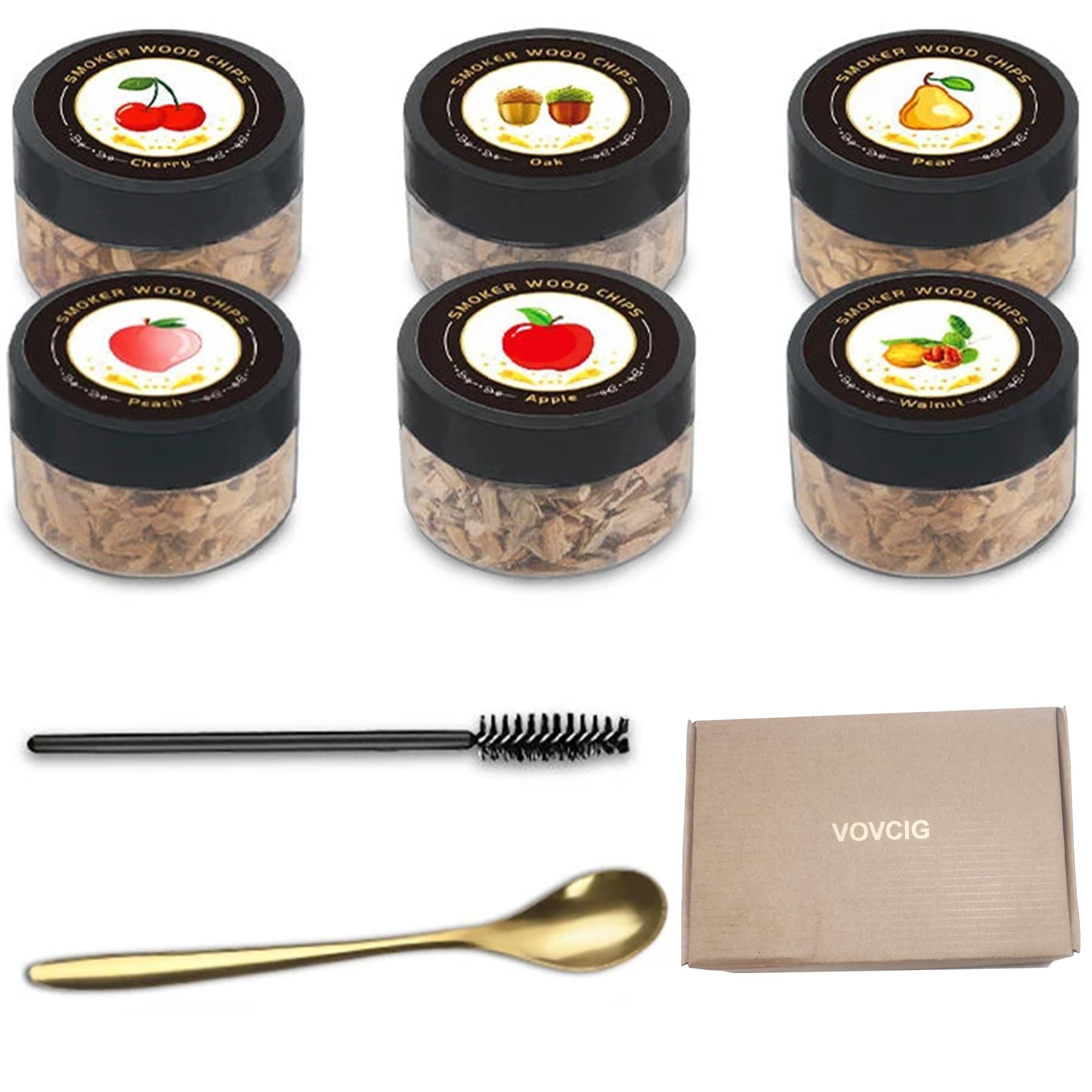 VOVCIG Natural Wood Chips,6 Flavors Wood Chips with Brush and Spoon for Whiskey,Bourbon,Old Fashioned Drink,Smoked Drinks and BBQ
