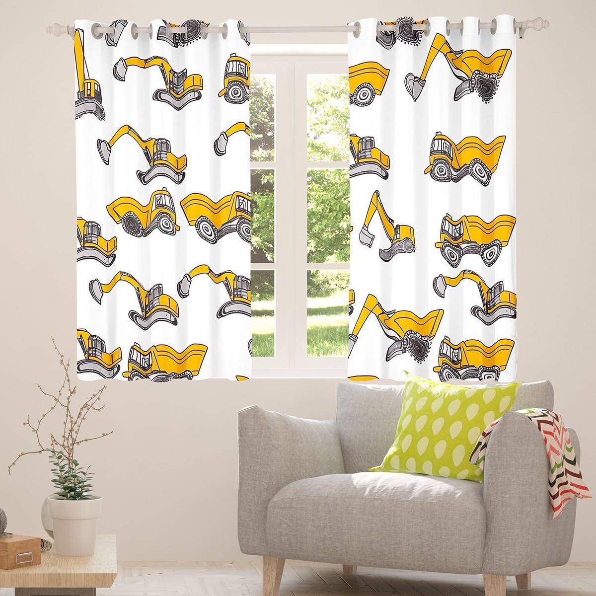 Manfei Construction Window Curtains Excavator Transport Vehicle Window Drapes, Cartoon Cars Window Treatments, Kids Boys Teens Room Decor, Grommet Top 2 Panel Set Bedroom Curtains, 38Wx45L inch