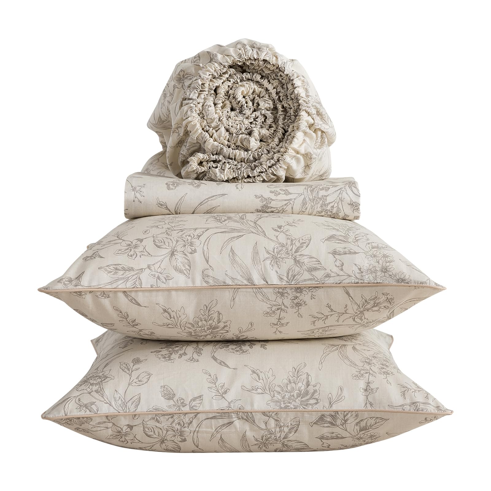 Vintage Beige Floral Percale Sheets California King, Deep Pocket | 100% Cotton Brown Flower Toile Sheet Set, Botanical Farmhouse Bed Sheets, Cottage Core Bedding, Shabby Chic, Soft Crisp, 4Pcs