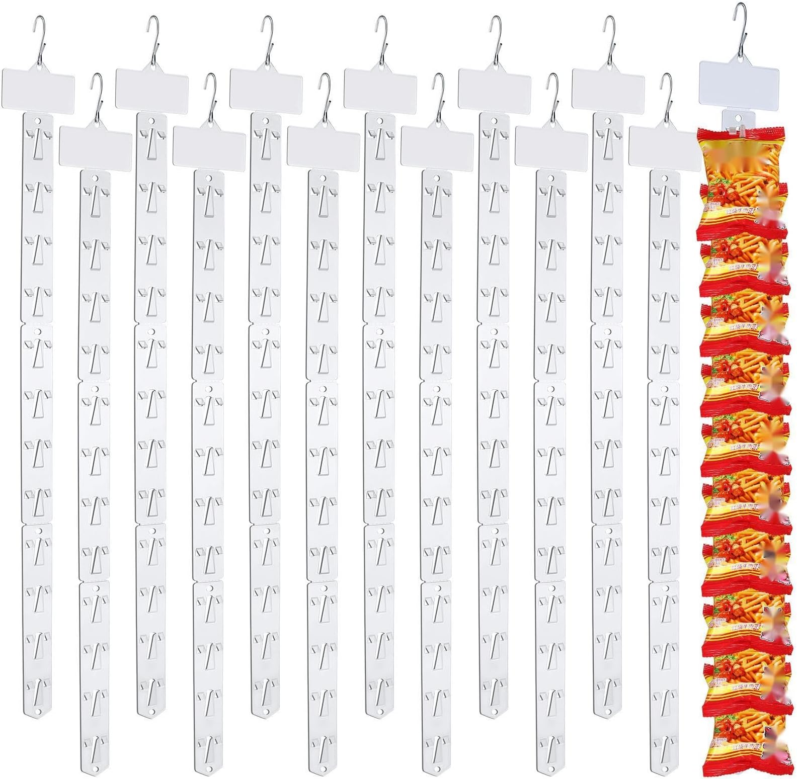Roowest 30 Pieces Station Merchandise Strips Plastic Hanging Strips with 30 Pieces S Hooks Clips, Chip Bag Holder for Store Retail Craft Candy Potato Bags Display with Label Header, Clear