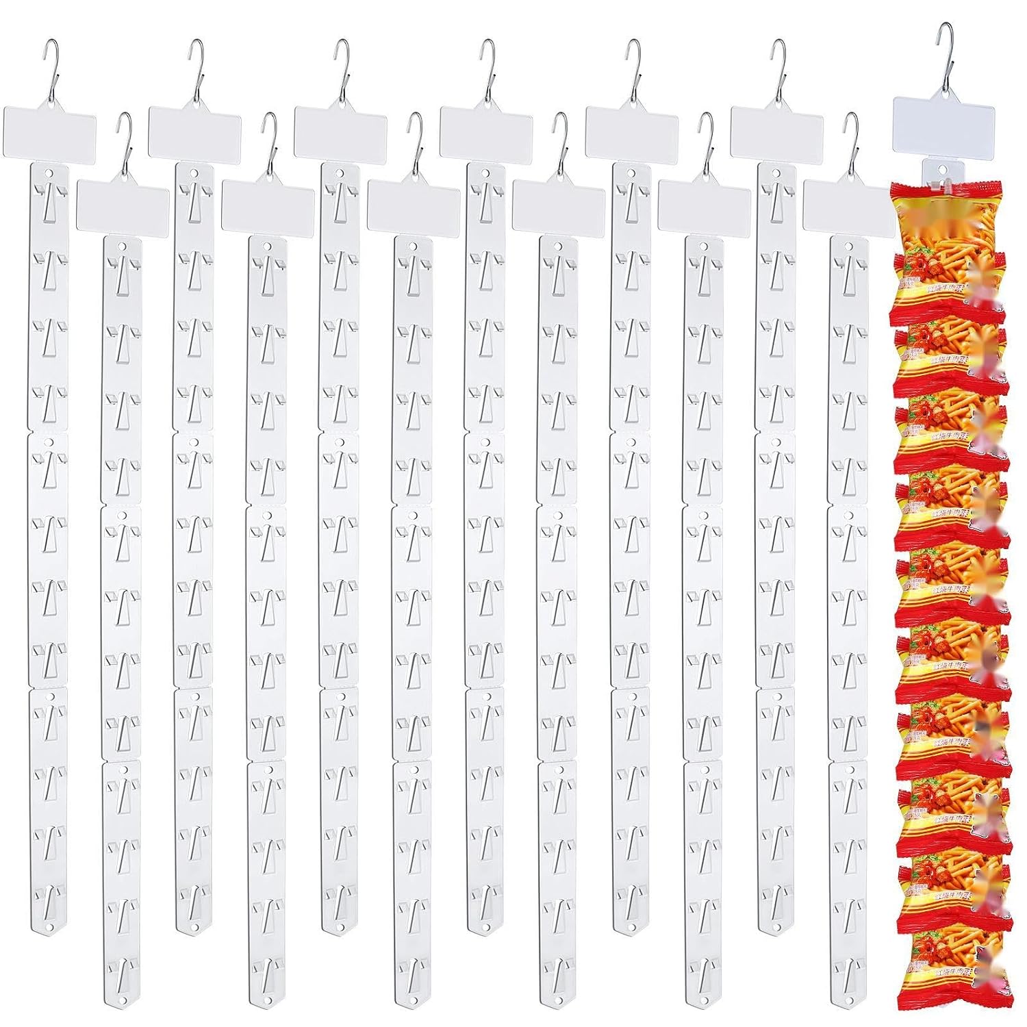 Roowest 30 Pieces Station Merchandise Strips Plastic Hanging Strips with 30 Pieces S Hooks Clips, Chip Bag Holder for Store Retail Craft Candy Potato Bags Display with Label Header, Clear
