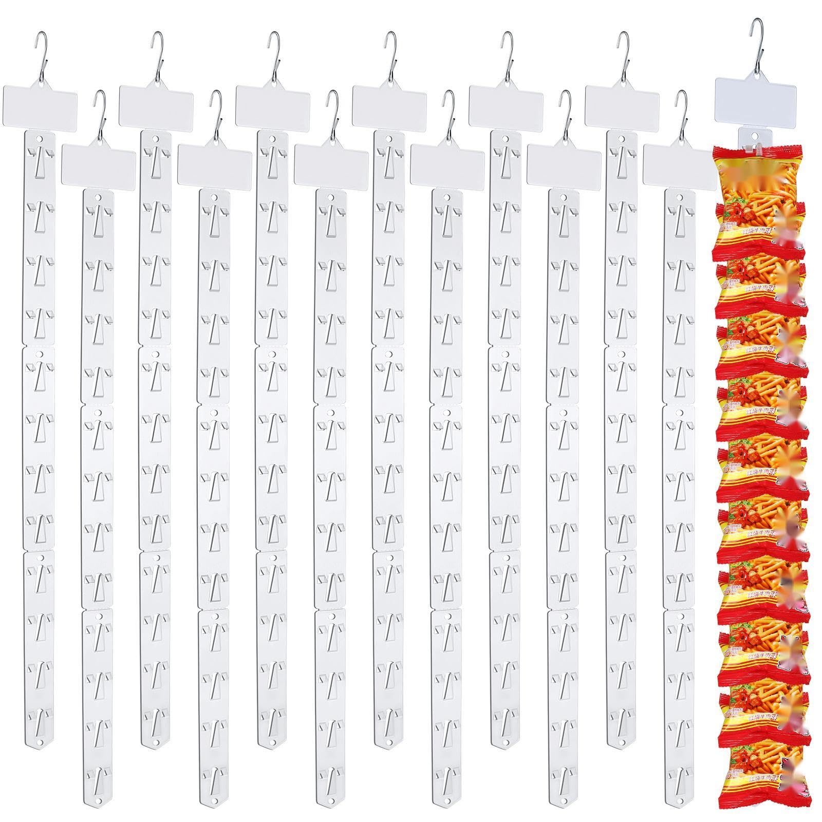 Roowest 30 Pieces Station Merchandise Strips Plastic Hanging Strips with 30 Pieces S Hooks Clips, Chip Bag Holder for Store Retail Craft Candy Potato Bags Display with Label Header, Clear