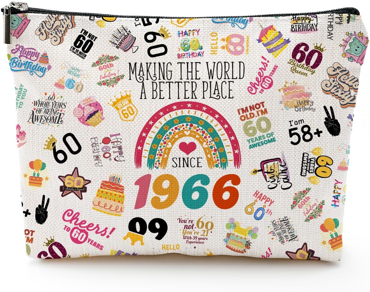 60th Birthday Gifts for Women Makeup Bag, Funny 1966 60 Year Old Birthday Decorations Gift Ideas for Grandma, Mom, Her, Wife, Cosmetic Travel Bag & Toiletry Pouch
