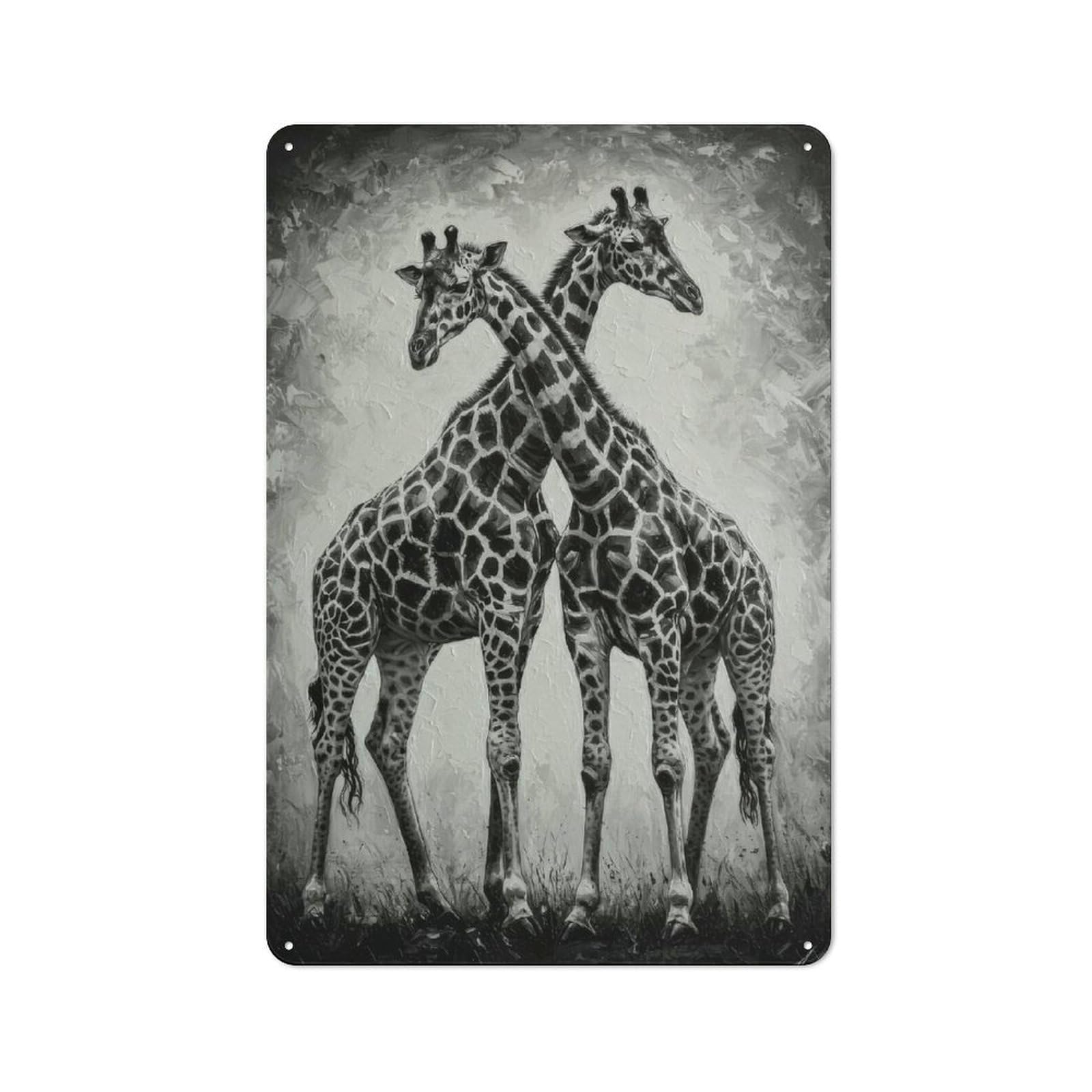 Junmoney Giraffe Pair In Black And White Rustic Tin Sign 30X20cm Featuring For Living Room Wall, For Metal Sign Collectors, For Garage And Workshop Walls