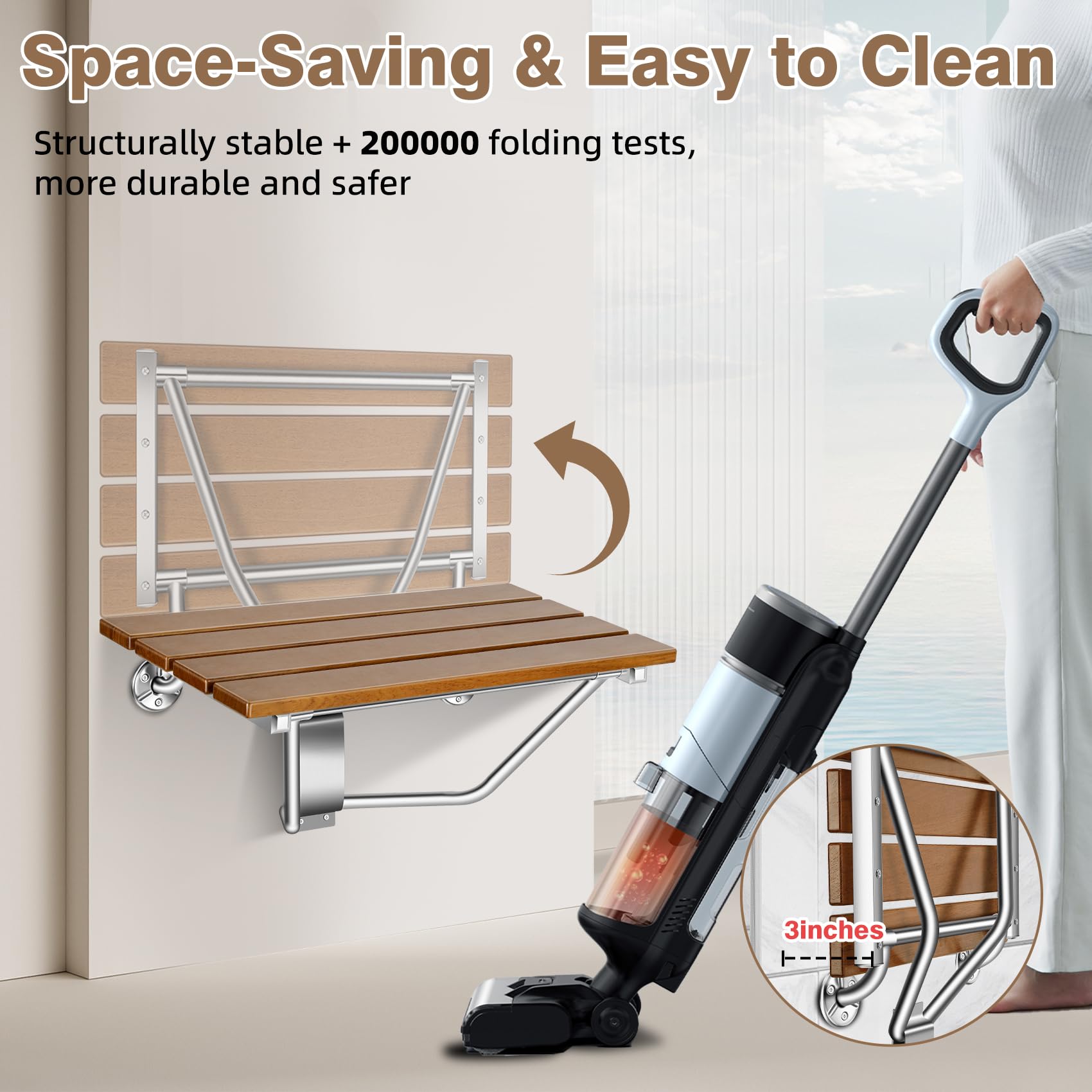 Asiento de ducha plegable de 20 pulgadas montado en la pared, banco de ducha plegable con soporte de acero inoxidable, capacidad de carga de 500 libras, silla de ducha plegable de teca para ancianos