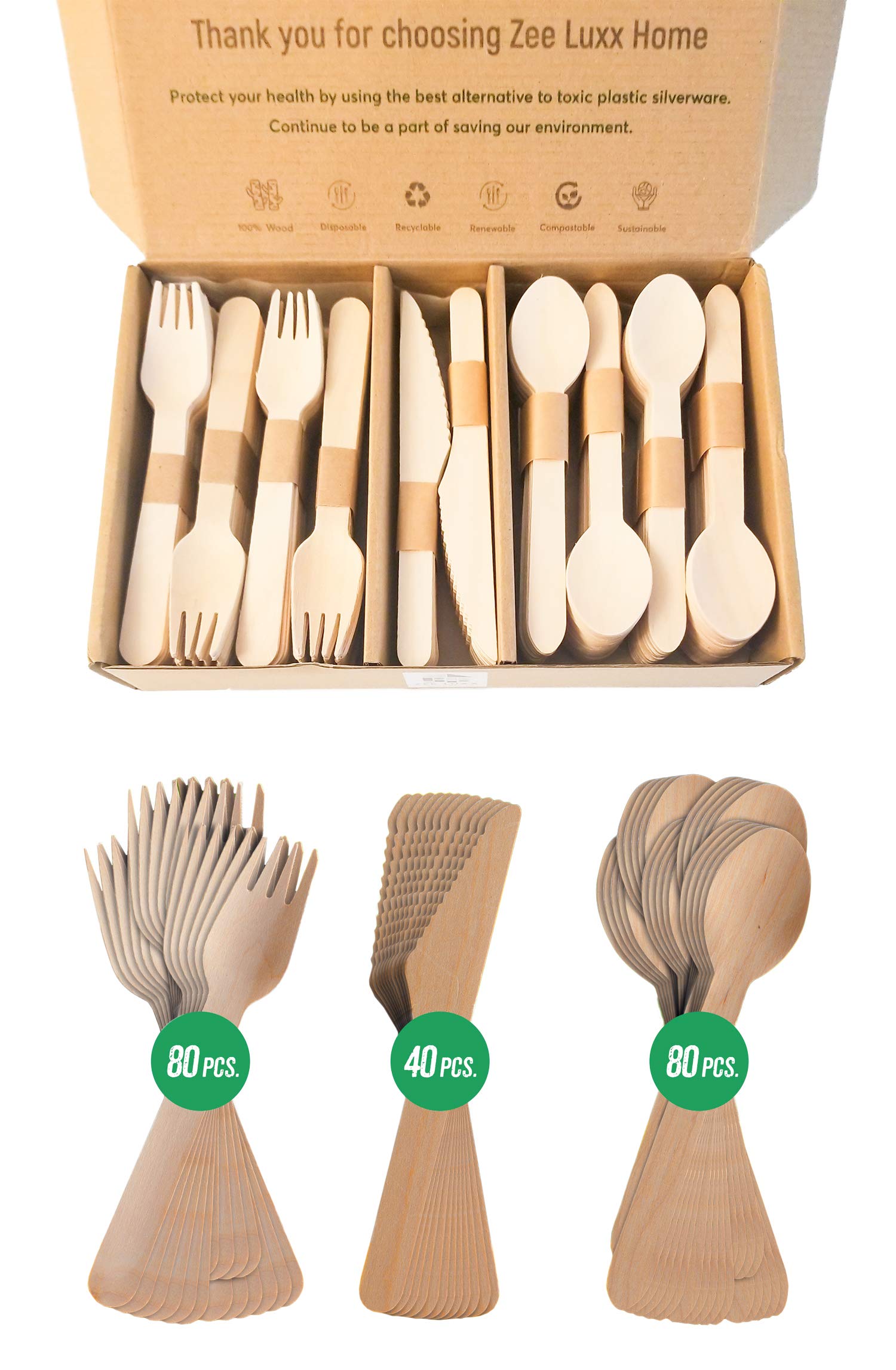 Zee Luxx Home Disposable Wooden Fork, Spoons, Knives Set, Biodegradable and Compostable Utensils, Eco-Friendly, Birchwood Cutlery for Birthday Party, Camping, Travel Use Pack of 200 Count
