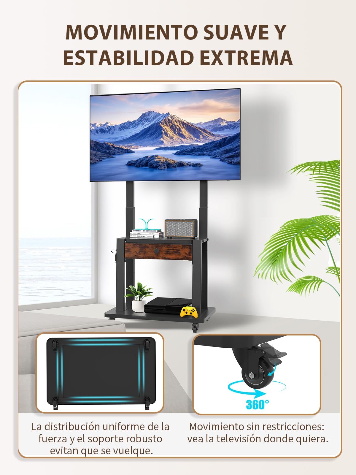 Soporte de TV enrollable con cajón de tela para pantallas planas/curvas de 32 a 75 Pulgadas, altura ajustable, LCD/LED/OLED con espacio de almacenamiento, carrito de TV móvil con ruedas de hasta 100kg