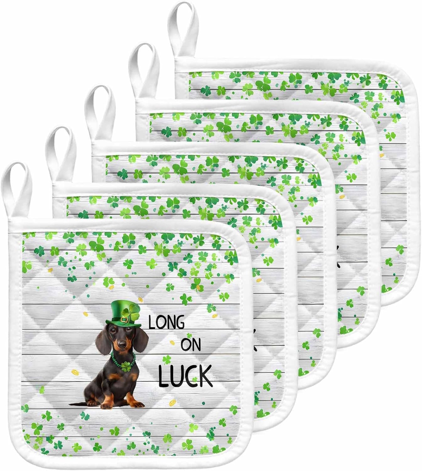 5 Pack Pot Holders for Kitchen, St. Patrick's Day Hot Pads for Kitchen Countertops Oven Pot Holder Bulk, Lucky Hats Dogs Grass Striped Gray Wood Heat Insulation Potholders with Hanging Loops