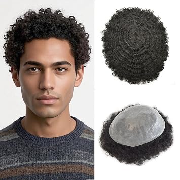 Hair Unit for Black Men Afro Toupee Curly Hair Replacement System Hair Piece African American Man Hairpiece 1B# Natural Black, 10MM Afro Wave