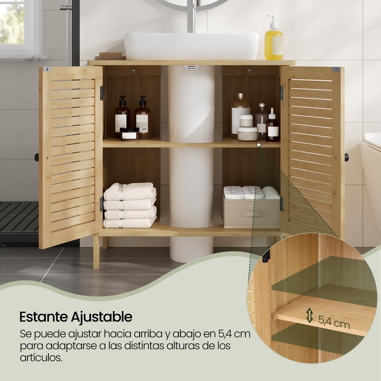 EUGAD Armario Baño Bambú, Mueble Bajo Lavbabo con Recorte Sifón de 20x23 cm, Armario de Pie con Puertas de Rejilla y Estante Ajustable, 60x30x60 cm