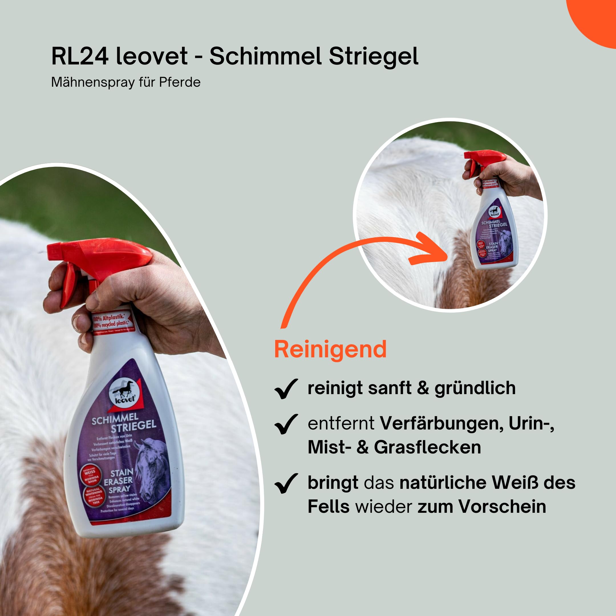 RL24 leovet - Schimmel Striegel | Mähnenspray für Pferde | entfernt Flecken & Verfärbungen | Schweifspray für brillanten Weißeffekt | stark rückfettende Fellpflege | 5 x 550 ml Spray (5er Set)